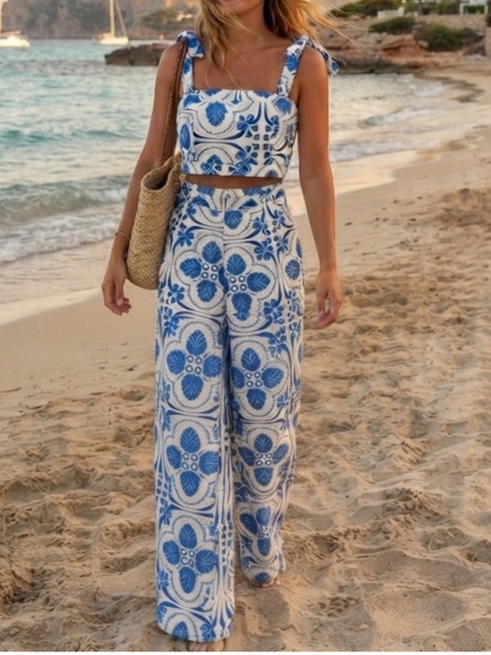 SHEIN Pants - SHEIN Blue & White Printed Two-Piece Wide Leg Pant Set
